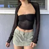 T-shirts Femmes Sexy Black Mesh Shrug Top T-shirt Tube Gilet 2 pcs Vêtements Chic Femmes Y2K Dentelle Trim Cropped Camisole 00s Vintage Streetwear