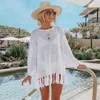 Dames badkleding witte mesh jurk bikini cover-ups sexy zie door holle out tassel dames kleding strand slijtage zwempak cover up 220325