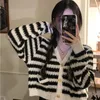 Women's Knits Knitted Cardigan Coat Women Autumn Winter Korean Fashion V-Collar Striped Pocket Retro Long-Sleeved Tops Ins Sweater