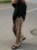 Damesbroeken S Zoki Women Vintage Leopard Elastische Taille Wide Been Spring Koreaans Losse rechte broek vrouwelijk Streetwear Casual 230325