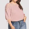 T-shirt grande taille pour femme Chemisiers grande taille pour femmes Tops Dentelle Maille Sheer Mousseline de soie Rubans Lanterne Demi-manches Net Fil Blouses Top Chemises surdimensionnées Blusas 230325