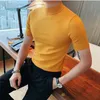 رجال tshirts الخريف قصيرة الأكمام سترة محبوكة الرجال ملابس جميع المطابقة رفيعة النحافة ملتوية الممتدة اليرقان السحب homme pullovers 230325