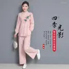 Active Sets Cotton Linen Women Yoga Tai Chi Martial Arts Set Chinese Traditional Printed Shirt Pant Casual Meditation Gym Workout Tang Suit