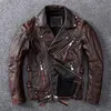 Leerleer Faux Vintage Bruine Motorfietsjack Men Natuurlijke echte Cowhide Jackets Herfst Slim Fit Biker's Ooblique Zipper Coat 230324
