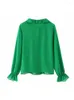 Women's Blouses Groene gelamineerde Decoratie vrouwen Spring blouse o nek lange mouw knoop omhoog vrouwelijke shirts chic tops kantoor dame casual slijtage