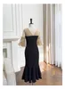 Summer Black Contrast Color Paneled Tulle Dress 1/2 Half Sleeve Square Neck Midi Casual Dresses L3M255191