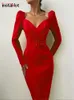 Casual Dresses Insta Elegant Party Women Slim V Neck Long Sleeve Mid Calf Pencil Office Lady Solid Red Puff 230325