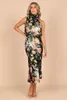 Casual Dresses WildPinky 2023 Elegant Halter Stain Dress Print High Waist Summer Party Women Ruched Sleeveless Long Evening