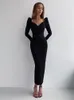 Casual Dresses Insta Elegant Party Women Slim V Neck Long Sleeve Mid Calf Pencil Office Lady Solid Red Puff 230325