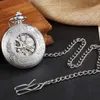Pocket Watches Luxury Silver Mechacnical Pocket Watch with FOB Chain Skeleton Smooth Steel Women Unisex Hand winding Pocket Watches Mens 230325