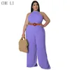 Combinaisons grande taille pour femmes Barboteuses vêtements grande taille pour femmes body costume couleur unie sans manches ceinture vêtements grande taille tenue décontractée costume combinaison femme 230325