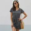 Party Dresses Women Twist Knot V Neck Shirt Dress Summer Loose Side Tie Plain Color Ovanför knä Comfy Mini Casual Beach Sundress