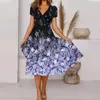 Lässige Kleider Frauen Vintage Floral Boho gedruckt Vestidos Kurzärmel gegen Halsschlitz Midi Knie Länge Plus Größe Locker bequem