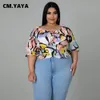 Chemisiers pour femmes Chemises CM.YAYA Femmes Plus Size Floral Cartoon Imprimer épaules dénudées Manches trois-quarts Nouer dans le dos Ourlet irrégulier Blouse et Chemise Tops 230325