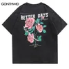 Мужские футболки расстроенные футболка Streetwar Hip Hop Floral Rose Print Print Vintage Tshirt Men Harajuku Летние повседневные хлопковые рубашки Топ 230325