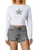 T-shirts pour femmes Tendance de la mode Pull décontracté Blanc Étoile Strass Motif Col rond Manches longues Tops courts S / M / L