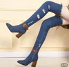 2023 new Womens Denim Boots Over The Knee Pointed Toe Thick High Heels Shoes Woman Casual Tassel Cut Out Jeans Long Botas Mujer