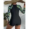 Swim Wear 2023 Long Sleeves Swimsuit Women Female Zipper Surf Bodysuit Floral Swimwear Girl Sun Protection Bathing Swimming Suit 230325
