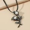 Chains Simple Style Black Leather Cord Necklace Inlaid Pearl Crystal Flower Pendant For Men Women Creative Necklaces Jewelry Gift