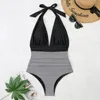 Swim Wear 2023 Sexy Solid Swimsuit Women Deep V neck Halter Swimwear Striped Monokini Female Bodysuit Beach Bathing Suit 230325