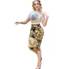 DD7775 Kvinnors tvådelar uppsättningar Fashion Temperament Print Two Piece Tight Sexy Wrap Hip Mid Length Bollinger kjol