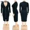 Abiti taglie forti CM.YAYA Plus Size Donna Scollo a V profondo Manica lunga Cerniera con spacco sul davanti Abito longuette aderente Club sexy Abiti da notte per feste 230325