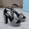 rhinestone sandals Luxury Designers womens platform heel dress shoes Classic triangle buckle Embellished Ankle strap Pumps 10CM high Heeled women sandal with box