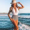 Swim Wear 2023 Sexy Solid Swimsuit Women Deep V neck Halter Swimwear Striped Monokini Female Bodysuit Beach Bathing Suit 230325