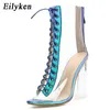 أعلى PVC PVC الشفافة الحذاء الصنادل زقزقة أخمص القدمين أحذية صافية مكتنزة الصنادل الدانتيل متابعة Mujer Blue Women Boots 11cm 230306