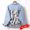 Dames plus size bovenkleding jassen plus size harajuku terug pailletten korte denim jassen 3xl 4xl dames lichtblauwe driekwart mouw bomber jassen mom Jean 230325