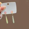 Dangle Earrings Women Natural Pink Colored Glaze Jade Beads Pendant Drop-shaped Chinese Style Long Fashion