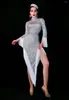 Stage Wear High Neck Shining Rhinestones White Tassel Sexy Split Dress For Women Evening Party Clothing Ballroom Dance On-Stage Outfit