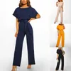 Jumpsuits voor dames rompers jumpsuit veter omhoog hoge taille elegante vrouwen solide kleur rechte poot romper mode korte mouwen ronde nek jumpsuit voor dating 230325