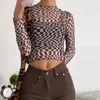 Women's T Shirts 2023 Trendy Plaid Print Mesh Crop Tops Long Sleeve Women Ladies Round Neck Reverse Trim Slim Fit See Through Wild T-Shirt