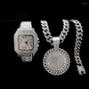 Chains 3pcs Iced Out Necklace Bracelet Watches Rhinestone 13MM Miami Cuban Pandents CZ Bling Rapper Gold Watch For Men Jewelry