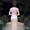 エスニック服の女性フォーマルピンクイブニングドレスチャイニーズスタイル夏シンプルなエレガントなチョンサムスリムセクシーなハイスリットロングシルクQIPAO