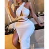 Work Dresses White Slim Two-piece Women's Summer Hollow Lace Up Bodycon Short Skirt Women Sexy Backless Drawstring Split Nightclub Set