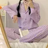 Women's Sleepwear Yasuk Spring Autumn Fashion Women's Casual Lovely Plaid Sleepwear Nightgow Retro Pajamas Set With Pants Trouser Year Soft 230325