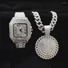 Chains 3pcs Iced Out Necklace Bracelet Watches Rhinestone 13MM Miami Cuban Pandents CZ Bling Rapper Gold Watch For Men Jewelry