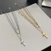 Chaînes en acier au titane ne se décolore pas trois couches collier croix pendentif à breloque géométrie féminine 3 couches chaîne tour de cou chandail Colier