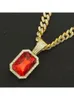 Naszyjniki wiszące Bling Square czerwony kamień duży kryształowy naszyjnik dla mężczyzn/kobiet 13 mm Miami Cuban Link łańcuch ciężki biżuteria hip -hopowa