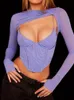 Women's Tanks Camis Sexy Mesh Long Sleeve Crop Top Women Fashion Purple Corset Top Y2K Summer V-Neck Camisoles Two Piece Set Club Outfits 230325