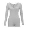 Women's Sexy Gray Jumpsuits Hot Ladies Round Neck Long-sleeved Half Zipper Rompers One-piece Sports Shorts Female