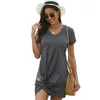 Party Dresses Women Twist Knot V Neck Shirt Dress Summer Loose Side Tie Plain Color Ovanför knä Comfy Mini Casual Beach Sundress