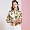 Women's Blouses Blue Graffiti Floral Silk Blouse Office Dames Shirts Lange Mouw 2023 Zomer Casual Sexy Boho Plus Maat Hoge kwaliteit