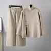 Kvinnors tvådelade byxor HLBCBG Casual Loose Sweater Set Solid Color Turtleneck Sticked Pullover Suit Wide Leg 2-Piece Set