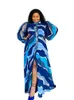 Plus size jurken wmstar plus size jurken voor vrouwen kleding lange mouw knop blauw bedrukte elegante maxi shirts jurk groothandel druppel 230325