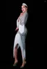 Stage Wear High Neck Shining Rhinestones White Tassel Sexy Split Dress For Women Evening Party Clothing Ballroom Dance On-Stage Outfit