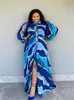 Plus size jurken wmstar plus size jurken voor vrouwen kleding lange mouw knop blauw bedrukte elegante maxi shirts jurk groothandel druppel 230325