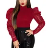 Dames blouses lente herfst herfst coltrui turtleneck shirt vrouwen tops sexy mock nek plaid mesh lange puff mouw slanke gepast tunics dames vintage